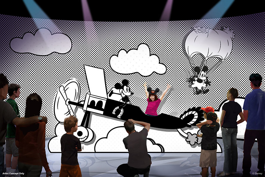 black and white cartoon world of “Plane Crazy,” where Mickey Mouse and Minnie Mouse both made their first appearance in 1928.