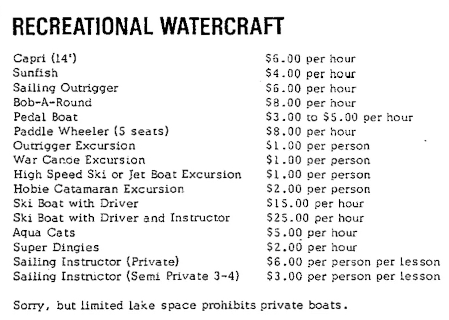 An October 1971 listing of the available water craft rentals at Walt Disney World.
