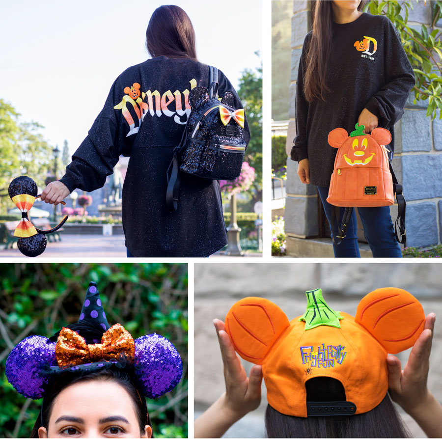 Collage of Halloween merchandise at Disney Parks - Spirit Jersey, hat, Minnie ear headbands and Loungefly backpacks