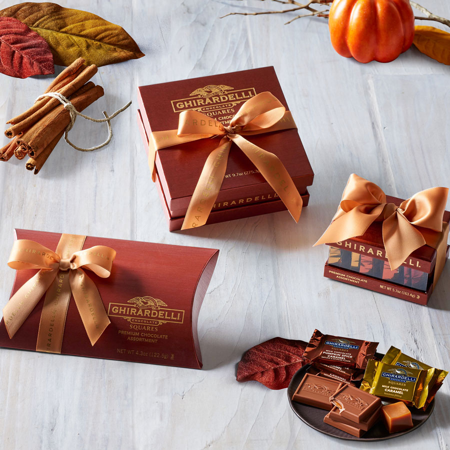 Milk Caramel Pumpkin Spice, Dark Chocolate, and Milk Caramel squares from Ghirardelli Soda Fountain and Chocolate Shop