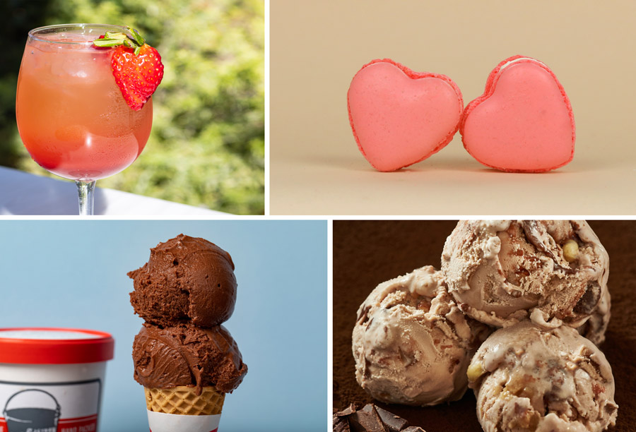 2020 Valentine’s Season Offerings at Downtown Disney District - Spritz in Love, Rose Champagne Heart Macaron. Nibbles 85% Peruvian Chocolate Vegan Sorbet, Milla’s Chocolate Hazelnut Praline Ice Cream