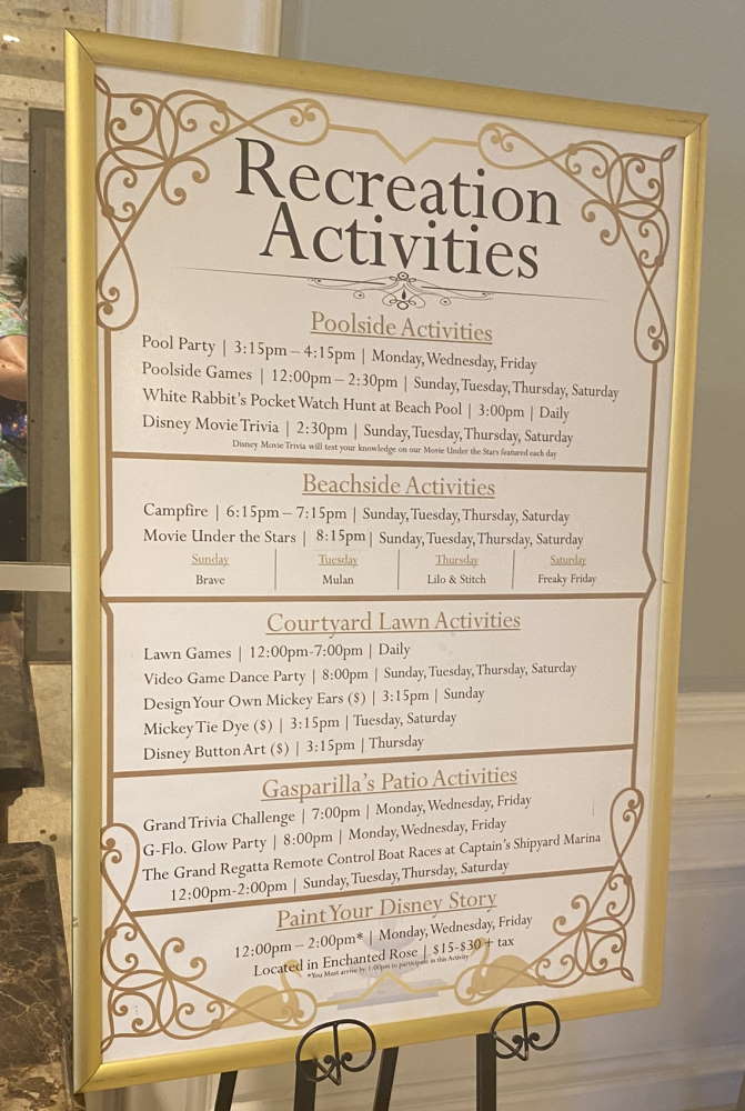 Recreation Activities Board at The Grand Floridian